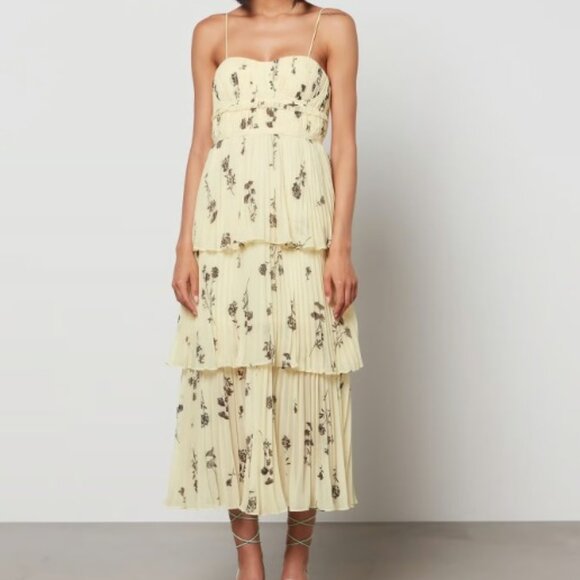self portrait yellow floral silhouette tiered midi dress Size 10